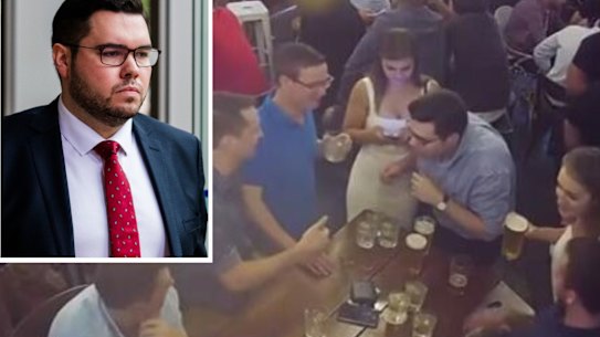 Bruce Lehrmann, inset, and CCTV showing Bruce Lehrmann and Brittany Higgins at a bar in Canberra on March, 22, 2019. 