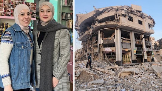 Rose Alhelou and her sister inside her pharmacy in Gaza, and after the pharmacy was destroyed during the war.