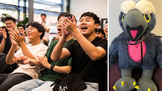North Sydney Boys students at their celebration on Thursday, left, and their plush toy mascot, Don the Falcon. 