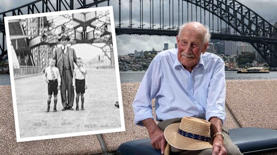 Ian Litchfield (95) pose for a portrait in front of the Harbour Bridge in Sydney.