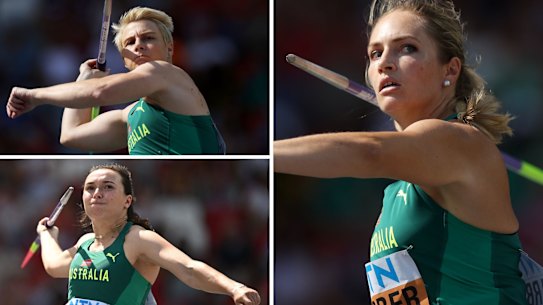 Three Australians have qualified for the women’s javelin final at the world athletics championships in Budapest. Clockwise from top left, they are: Kathryn Mitchell, Kelsey-Lee Barber and Mackenzie Little.