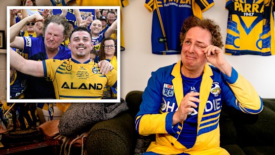 An emotional Paul Galvin at home and (inset) at the ground.