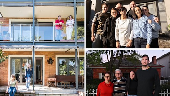 composite - Rebecca Bissett (white & blue striped shirt) poses for a portrait with her family at her parents in Hunters Hill. 5th June 2021. Photo: Steven Saphore / SMH
