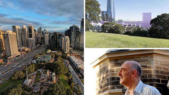 A view over the Sydney Observatory towards Barangaroo; Developer Aqualand’s depiction of the view impact of proposed buildings at Central Barangaroo; Fred Watson. 

