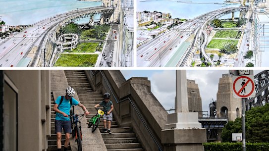 A two-storey spiral cycleway at the northern end of the Sydney Harbour Bridge is one of two preferred options under consideration by the state government.