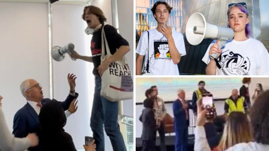 Deaglan Godwin and Maddie Clark at Sydney University.. These two students who protested a speech by Malcolm Turnbull at Sydney University last year have been suspended after a university investigation found they violated the former prime minister’s freedom of speech. Photo: Supplied/Edwina Pickles 

