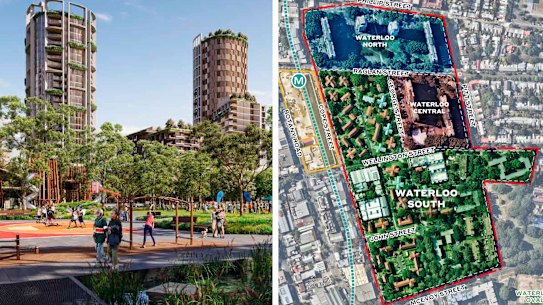 The state government has lodged plans to build 3000 units in towers up to 32 storeys at Waterloo South, which will be the first part of the Waterloo public housing estate to be revamped alongside the future metro rail station.  
Source: NSW government