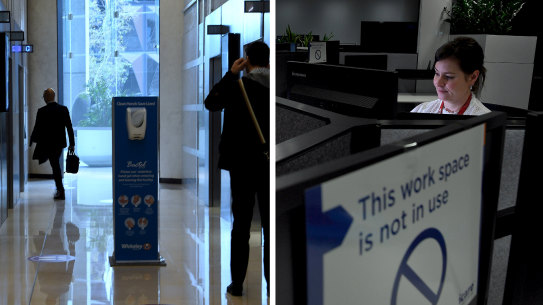 Hygiene advice in icare's Kent Street building. Photo: Kate Geraghty