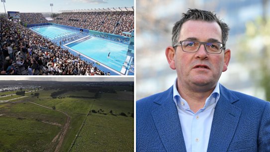 Victorian Premier Daniel Andrews and (top left) an artist’s impression of the Victoria 2026 Commonwealth Games aquatics venue at Armstrong Creek near Geelong and (below right) a general view of Main Street, Armstrong Creek where the aquatic centre was supposed to be built. 