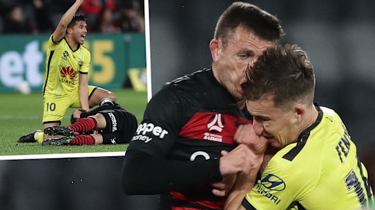 Nicolai Muller clashes heads with Louis Fenton, while Ulises Davila calls for the medical staff (inset).