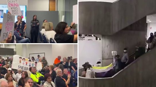Screenshots taken from footage of protests at a meeting of City of Monash council on Wednesday night.