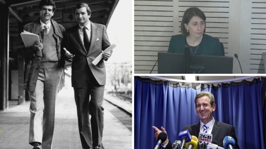 Composite - NSW Premier Gladys Berejiklian giving evidence at ICAC inquiry Operation Keppel into former MP Daryl Maquire, Sydney, Australia. Screengrab . 12 October 2020.
Terry Metherell & Nick Greiner. July 17, 1988.
NSW premier Barry O’Farrell said he did not receive the $3000 Grange. “Having checked with my wife as recently as today we are both certain that it was not received.” 