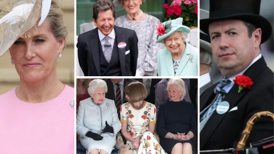 Clockwise from left: Sophie the Countess of Wessex; Lady-in-waiting Lady Susan Hussey, standing behind the Queen and her racing manager John Warren; Sir Edward Young; Queen Elizabeth with US Vogue editor Anna Wintour and her official dresser Angela Kelly. 