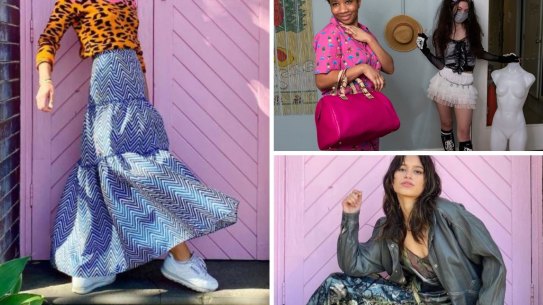 composite - Oya Kanu with Rita, wearing a mask, at the Wayside Op Shop employment program at the Wayside Chapel in Potts Point. Oya is holding a pink Michael Kors Bag, $30. wearing Italian Vero Cuoio shoes $25 - Lucid design pink jumpsuit $20.  Rita is wearing other clothes from the opshop. 
