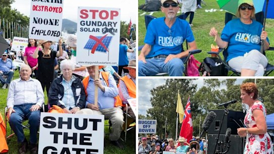 Protests against “reckless renewables” outside Parliament House in Canberra.