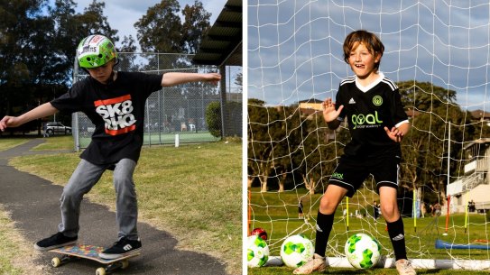 compsite - Heather Kennedy is paying for private tennis lessons for her son Sebastian and private skateboarding lessons for her son Luka to keep  them active during lockdown. Manly, August 28, 2021. Photo: Rhett Wyman/SMH
