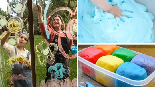 Composite - NEWS: Daniela Minns, artist, blogger and parent of three, paints with, Celeste 11 and Hugo 8, coloured shaving cream on their glass sliding doors at home. She has recently written a post on ’101 activities to occupy your kids in lockdown’. 29th June 2021, Photo: Wolter Peeters, The Sydney Morning Herald.
