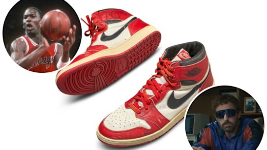 Michael Jordan in 1984, an original par of Air Jordans, and Ben Affleck as Nike boss Phil Knight in AIR.