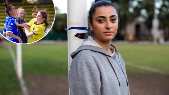 Christina Stefanou, a talented soccer player who had to give up the sport because of repeated concussions. In blue. Photo supplied.
