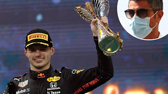 Max Verstappen claimed the Formula One title in the last lap of the season after a controversial call by race director Michael Masi (inset).