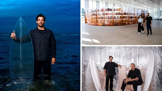 EMBARGOED until August 2021. Please contact Tim Beor for details.
NEWS: Surfboard maker Hayden Cox (left) and Kelvin Ho director at architechture firm Akin Atelier in the purpose built room to post cure the resin panels. Hayden is a surfboard make and worked closely with Kelvin to design and create a resin entry screen which will welcome visitors to the new Art gallery of NSW extension Sydney Modern. 16th November 2022, Photo: Wolter Peeters, The Sydney Morning Herald.
AFR Magazine Desigin Edition. Portrait of Australian surfboard shaper and designer Hayden Cox. Photographed at Long Reef. Photographed Wednesday 23rd June 2021. Photograph by James Brickwood. AFR FIN MAG 210628. EMBARGOED until August 2021. Please contact Tim Beor for details. AFR Magazine Desigin Edition. Portrait of Australian surfboard shaper and designer Hayden Cox. Photographed at Long Reef. Photographed Wednesday 23rd June 2021. Photograph by James Brickwood.
The Resin Walls that enclose the retail shop of AGNSW Sydney Modern. Retail worker Rebecca Allport and Daniel McCready. 17th Nov 2022. Photo: Edwina Pickles / SMH
COmposite
