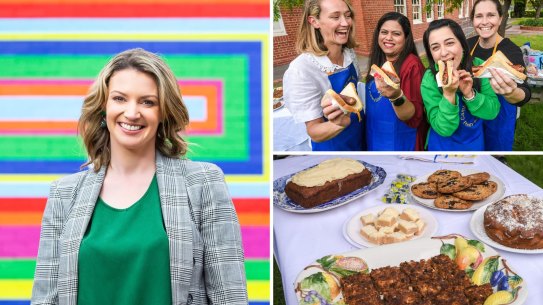 Footscray MP Katie Hall; Morgan Lacey, Payal Chauhan, Lyuda Moon and Katie McNeill with their democracy sausages at Camberwell South Primary School on Thursday; and plates of cakes and biscuits at the same school.