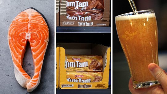 Salmon, Tim Tam, beer