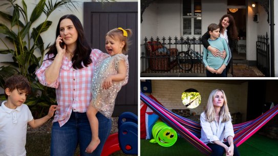 composite - Rebecca Bodman with her children Max, 5 and Lily, 2 and dog  Duke. Her career as a community manager with a large networking organisation (Business Chicks) is very important to her but she had to cut back 25 per cent of her hours to cope with little kids at home.during the current covid-19 lockdown. Photographed in Yowie Bay, Sydney on August 19, 2021. Photo: Dominic Lorrimer 
