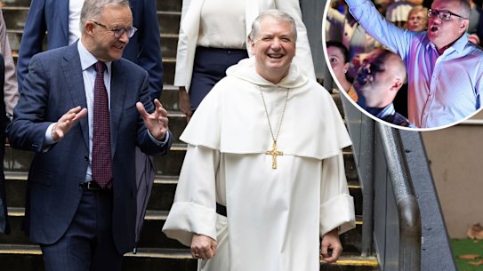 Opposition Leader Anthony Albanese, Shadow Minister for Education Tanya Plibersek and Archbishop Anthony Fisher (right) during a visit to St Mary’s Cathedral School in Sydney, NSW, on Monday 9 May 2022. fedpol ausvotes22 Photo: Alex Ellinghausen
FILE. Prime Minister Scott Morrison and wife Jenny sing during an Easter Sunday service at his Horizon Church at Sutherland in Sydney, Sunday, April 21, 2019. (AAP Image/Mick Tsikas) NO ARCHIVING .
Composite
