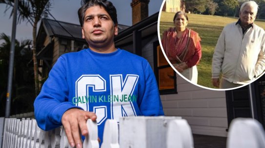 Composite -  Shachin Sharma is unable to travel to India to care for his critically ill family members due to the recent travel ban between India and Australia. Harris Park, April 28, 2021. Photo: Rhett Wyman/SMH .Sachin’s parents are stuck at home in India with COVID-19, unable to access hospital care