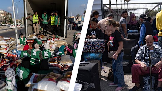 A convoy of trucks carrying aid are on the Egyptian side of the Rafah border crossing, while Palestinians wait on the Gaza side to get out. 