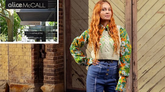 composite: Alice McCall  wearing Alice McCall Resort 21 ahead of fashion week at Carriage Works, Sydney on May 19, 2021. Photo: Dominic Lorrimer. The Alice McCall store sign still hangs in front of where Alice McCall’s store once was on Oxford Street in Paddington, NSW. 12th November, 2020. Photo: Kate Geraghty