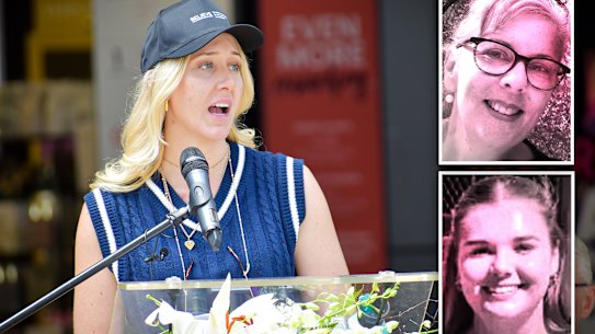 Ariel Bombara speaks at a domestic violence rally in Perth on Monday, November 25. Picture: Hamish Hastie