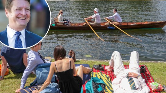A rowing boat passes spectators on the river bank on the opening day of the 2019 Henley Royal Regatta alongside the river Thames, and inset, Tony George, headmaster at King’s School. 