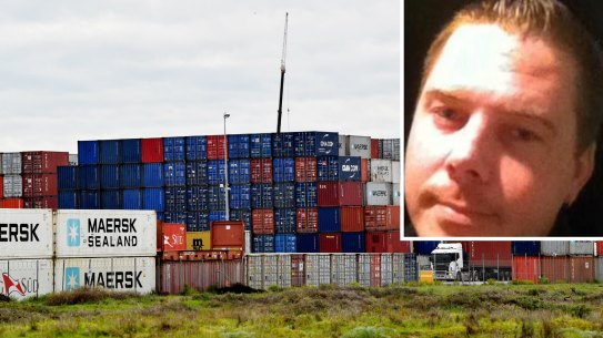 Melbourne trucking boss Troy Kellett (inset) died after falling from a stack of shipping containers in South Australia.