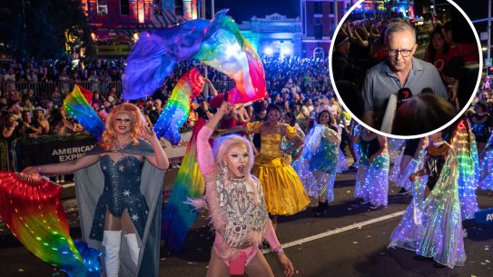 Participants preparing to take part in the 45th annual Gay and Lesbian Mardi Gras parade in Sydney, March 25, 2023. Photo: Flavio Brancaleone / The Sydney Morning Herald
PM Anthony Albanese speaks to the media during the 45th annual Gay and Lesbian Mardi Gras parade in Sydney, March 25, 2023. Photo: Flavio Brancaleone / The Sydney Morning Herald
Composite
