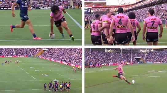 Nathan Cleary’s unsuccessful conversion attempt was taken from about six metres further infield to the point where Brian To’o touched down.