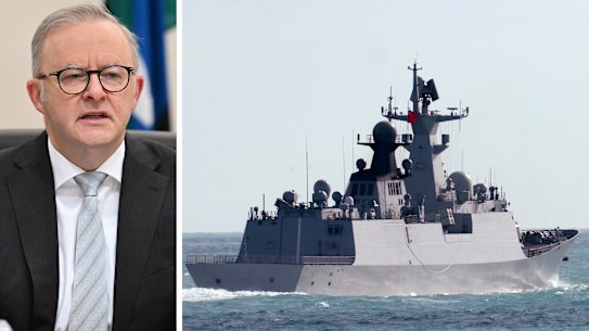Australian Prime Minister Anthony Albanese and a Chinese frigate.