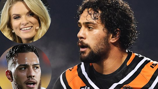 Taking sides: Erin Molan was blasted by NRL stars such as Addin Fonua-Blake (inset, left) but Wests Tigers forward Josh Aloiai has gone in to bat for the commentator.
