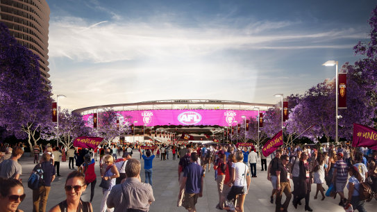 An artist’s impression of the proposed redesign of the Gabba, released by the Premier in May 2021.