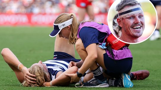 Geelong defender Sam de Koning was subbed out of the game after a clash of heads with Gold Coast’s Nick Holman (inset).