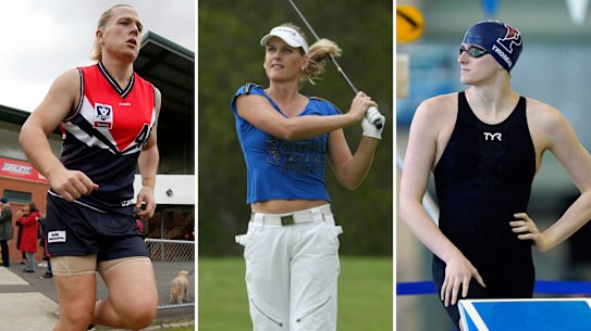 Transgender athletes (from left to right) Hannah Mouncey, Mianne Bagger, and Lia Thomas.