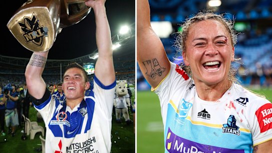 Sonny Bill Williams lifting the NRL premiership trophy in 2004 and his sister Niall Williams-Guthrie celebrating after the Titans won their 2023 NRLW semi-final.