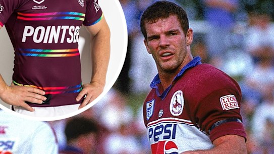 Ian Roberts during his playing days at Manly in the 1990s and, inset, the club’s pride jersey.