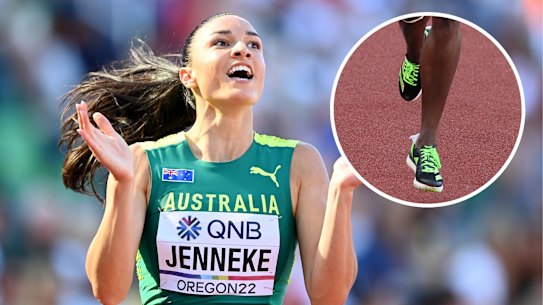 Australian hurdler Michelle Jenneke, and the spikes worn by Nigeria’s Tobi Amusan when breaking the 100m hurdles world record at the world athletics championships in Eugene, Oregon.