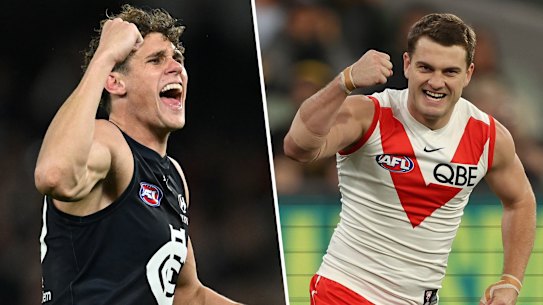 Carlton’s Coleman medallist Charlie Curnow and Sydney’s Tom Papley.