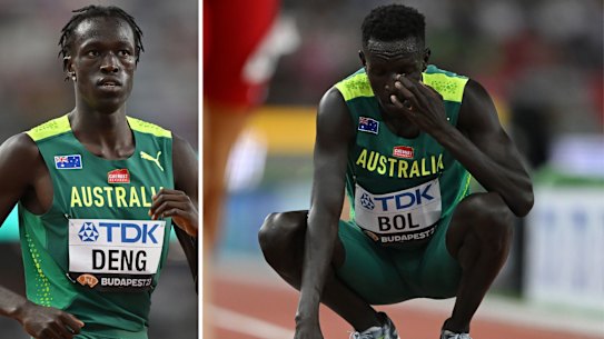There were mixed fortunes for Australian 800m runners during the heats at the world championships in Budapest. Joseph Deng (left) eased into the semi-final, while Peter Bol (main) missed out on a semi-final berth in his comeback race after his career was halted by a faulty EPO test.