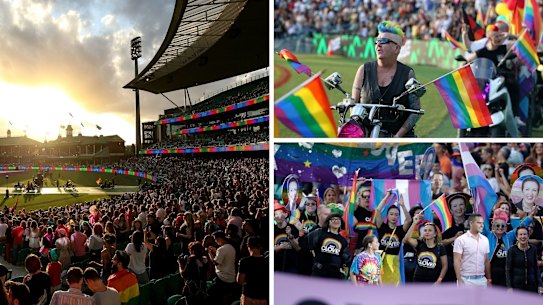  - composite - SYDNEY, AUSTRALIA - MARCH 06: Parade goers take part during the 43rd Sydney Gay and Lesbian Mardi Gras Parade at the SCG on March 06, 2021 in Sydney, Australia. The Sydney Gay and Lesbian Mardi Gras parade usually happens along Oxford Street but is being held at the Sydney Cricket Ground this year due to COVID-19 restrictions and contact tracing requirements. The Sydney Mardi Gras parade began in 1978 as a march and commemoration of the 1969 Stonewall Riots of New York. It is an annual event promoting awareness of gay, lesbian, bisexual and transgender issues and themes. The 2021 Mardi Gras festival theme is ‘RISE’ and is about letting spirits soar after the challenge and hardship that 2020 presented. (Photo by Brendon Thorne/Getty Images)
