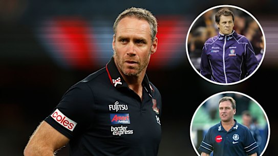 (Main) Essendon coach Ben Rutten. Top right: Former Fremantle coach Mark Harvey. Bottom right: Former Carlton coach Wayne Brittain.