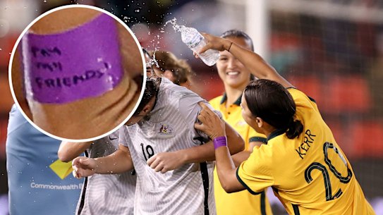Sam Kerr wore a purple wristband last week against Jamiaca, scrawled with the message: ‘Pay my friends!’